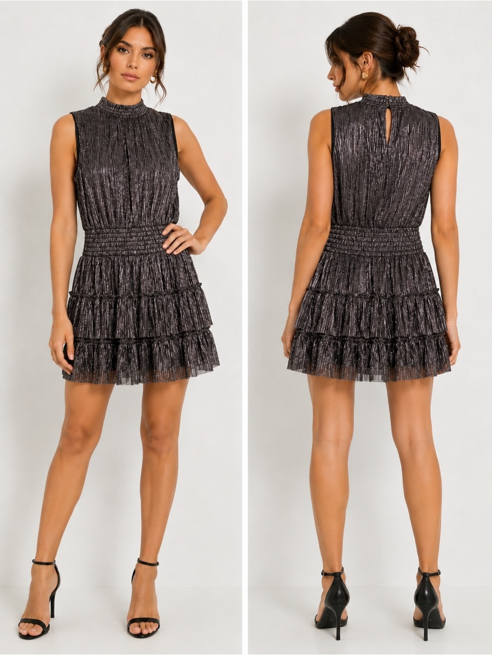1. State Metallic Black Mock-Neck Tiered Mini Dress